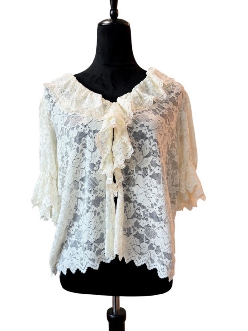 Ultra Pink Womens Cream Floral Lace Ruffle Collar Bell Sleeve Blouse Top